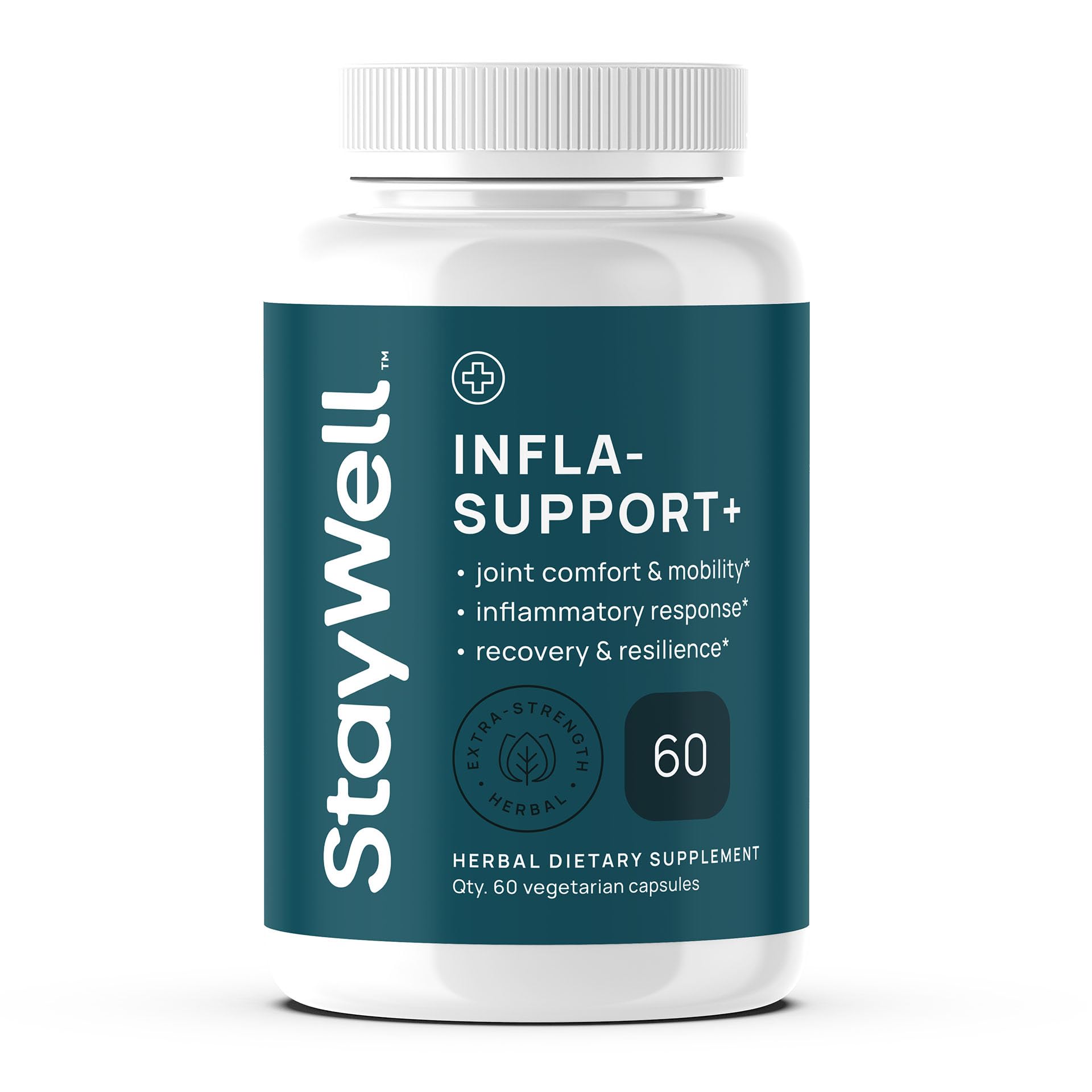 Stay-Well Naturals Infla-Support Plus bottle front promotes a balanced inflammatory response.