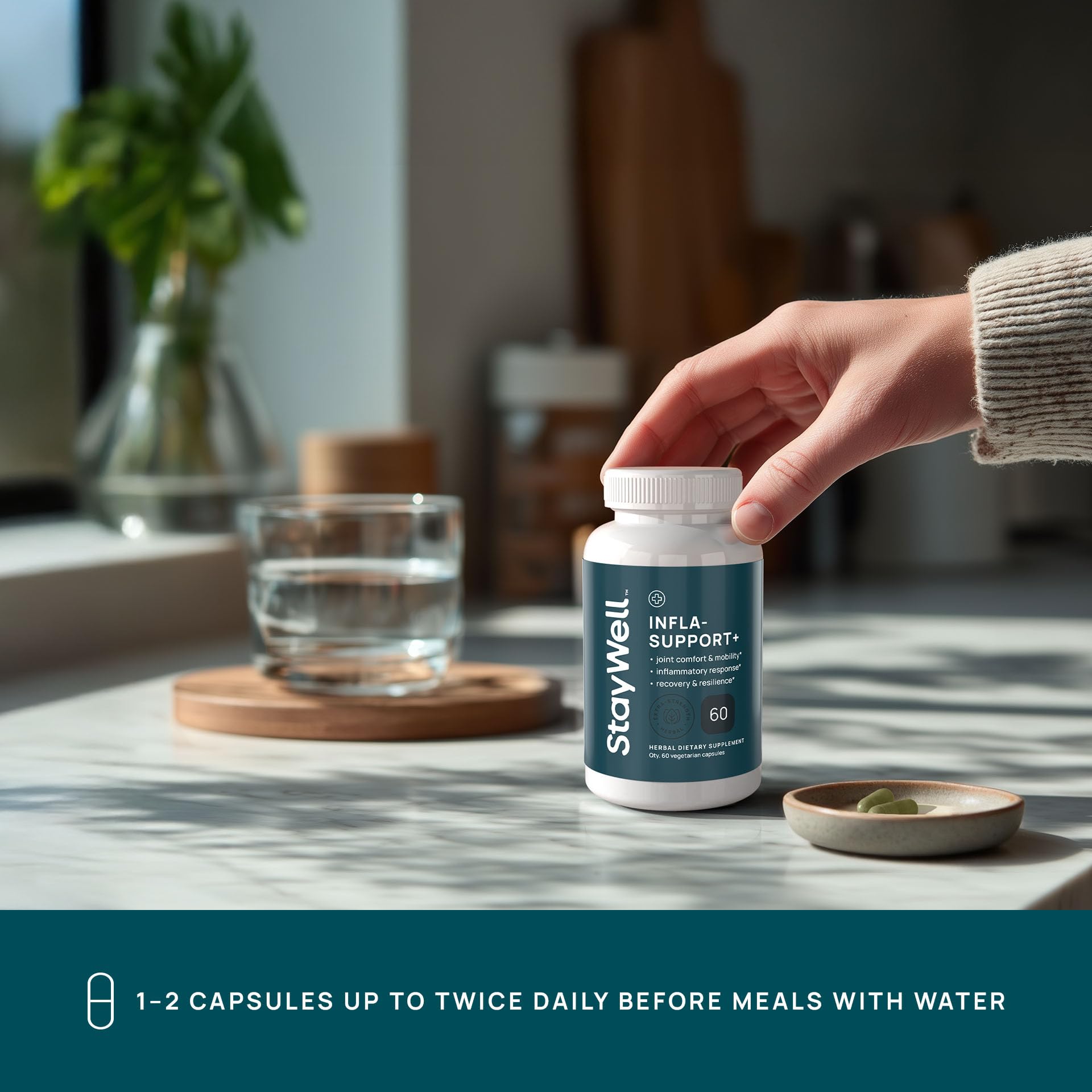 Stay-Well Naturals Infla-Support Plus fenugreek seeds image emphasizes plant-based ingredients.