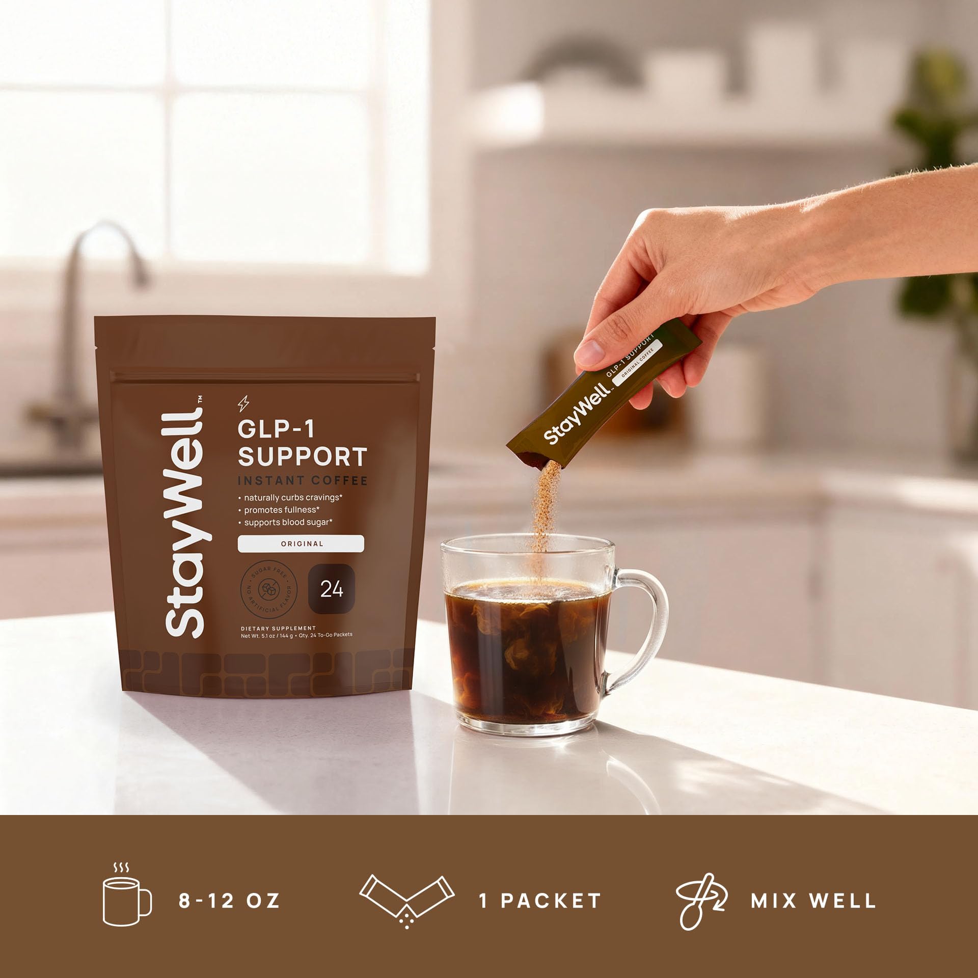 Stay-Well Naturals Slim Coffee GLP-1 serving scoop in hot water signals appetite support