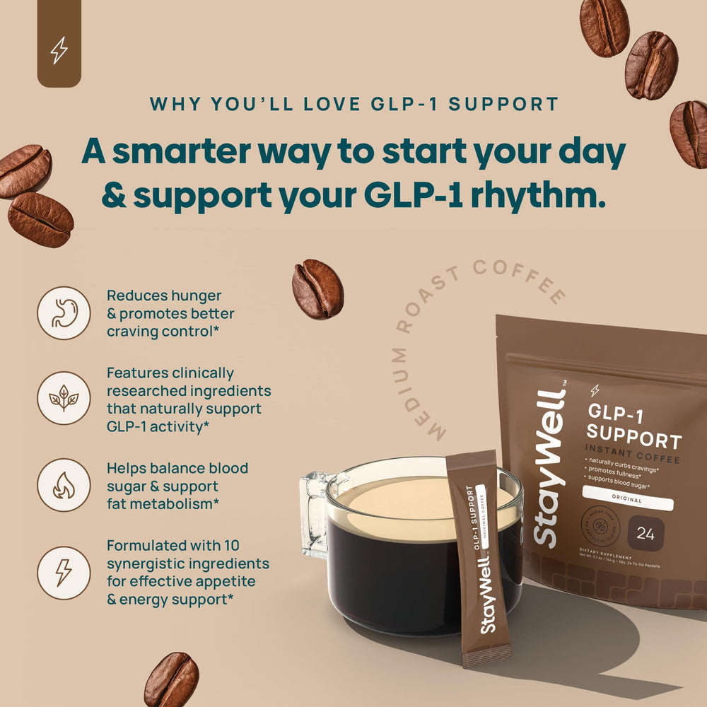 Stay-Well Naturals Slim Coffee GLP-1 vanilla package conveys smooth flavor with functional botanicals