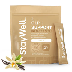 Stay-Well Naturals Slim Coffee GLP-1 Vanilla bottle pour supports appetite control in your morning routine.