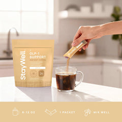 Stay-Well Naturals Slim Coffee GLP-1 Vanilla jar shows clear ingredients and flavor profile.