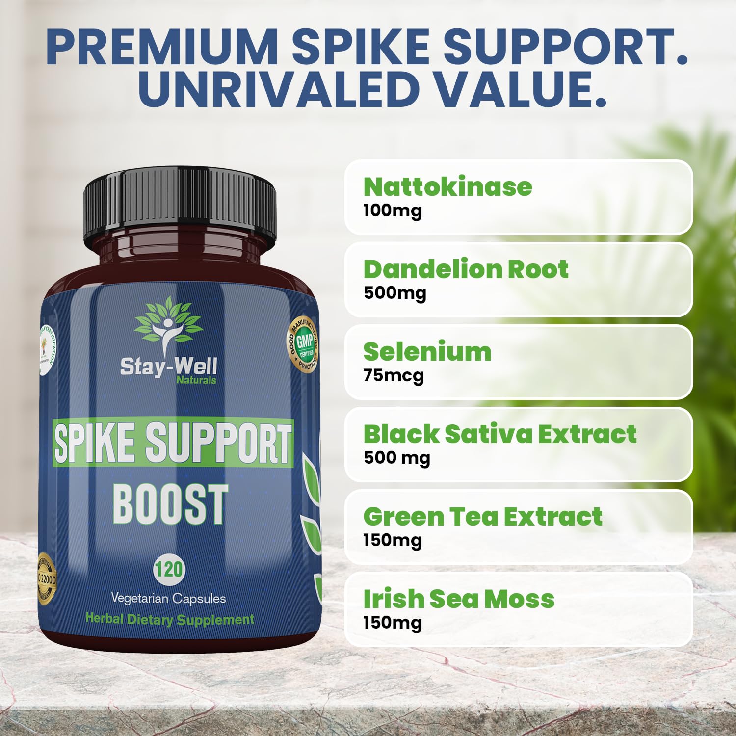 Stay-Well Naturals Spike Support ingredients-icons illustrating nattokinase and curcumin.