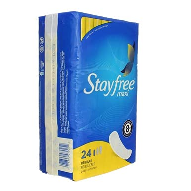 Stayfree Regular Maxi Pad packaging image shows a 24-count box.
