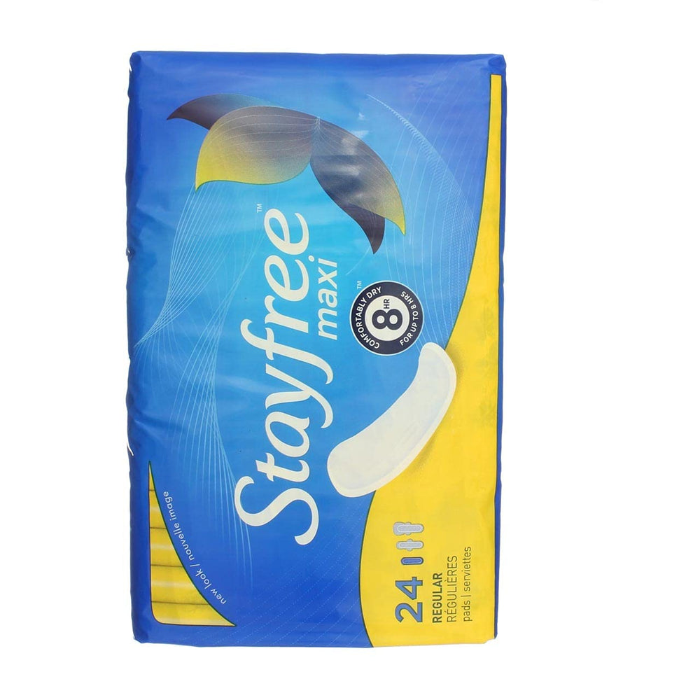 Stayfree Regular Maxi Pad reinforced four-wall protection guards against side leaks.