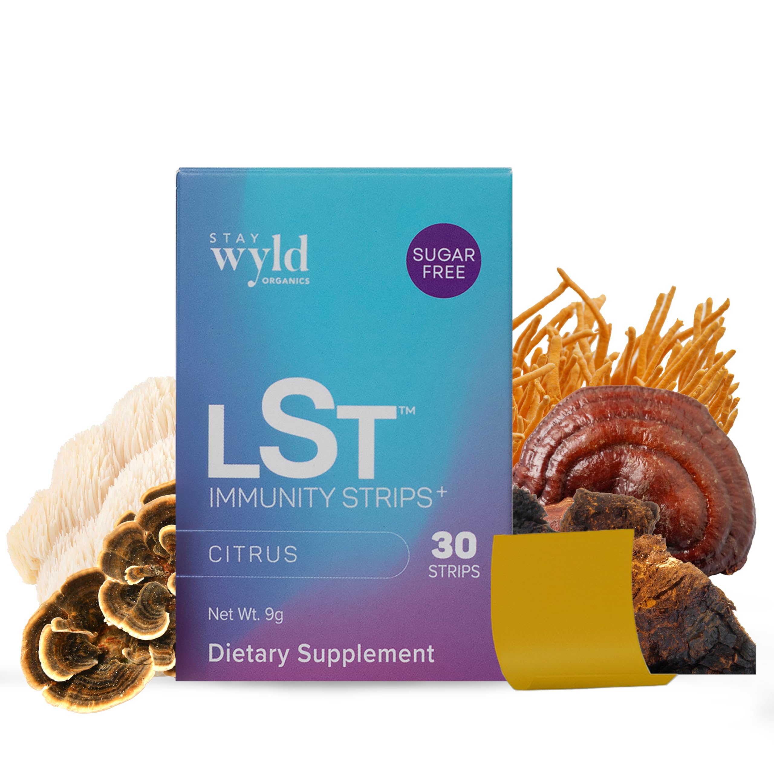 Stay Wyld Immunity Strips package showing mushroom blend for daily support.