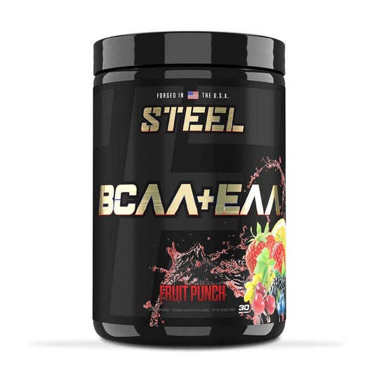 Steel Supplements BCAA EAA powder bottle pouring for recovery support.
