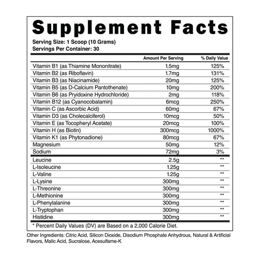 Scoop beside bottle for convenient Steel Supplements BCAA EAA kiwi strawberry fueling