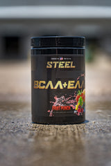 Steel Supplements BCAA EAA powder label front showing 2:1:1 ratio.