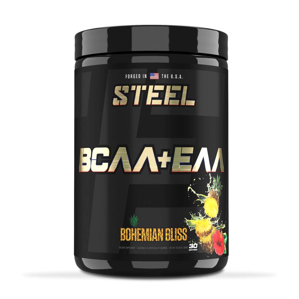 Steel Supplements Bohemian Bliss bottle on gym bench, supporting lean muscle recovery