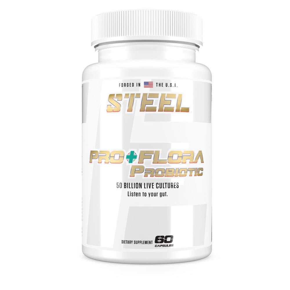 Steel Supplements Pro+Flora bottle front view, supports gut balance and immune health.