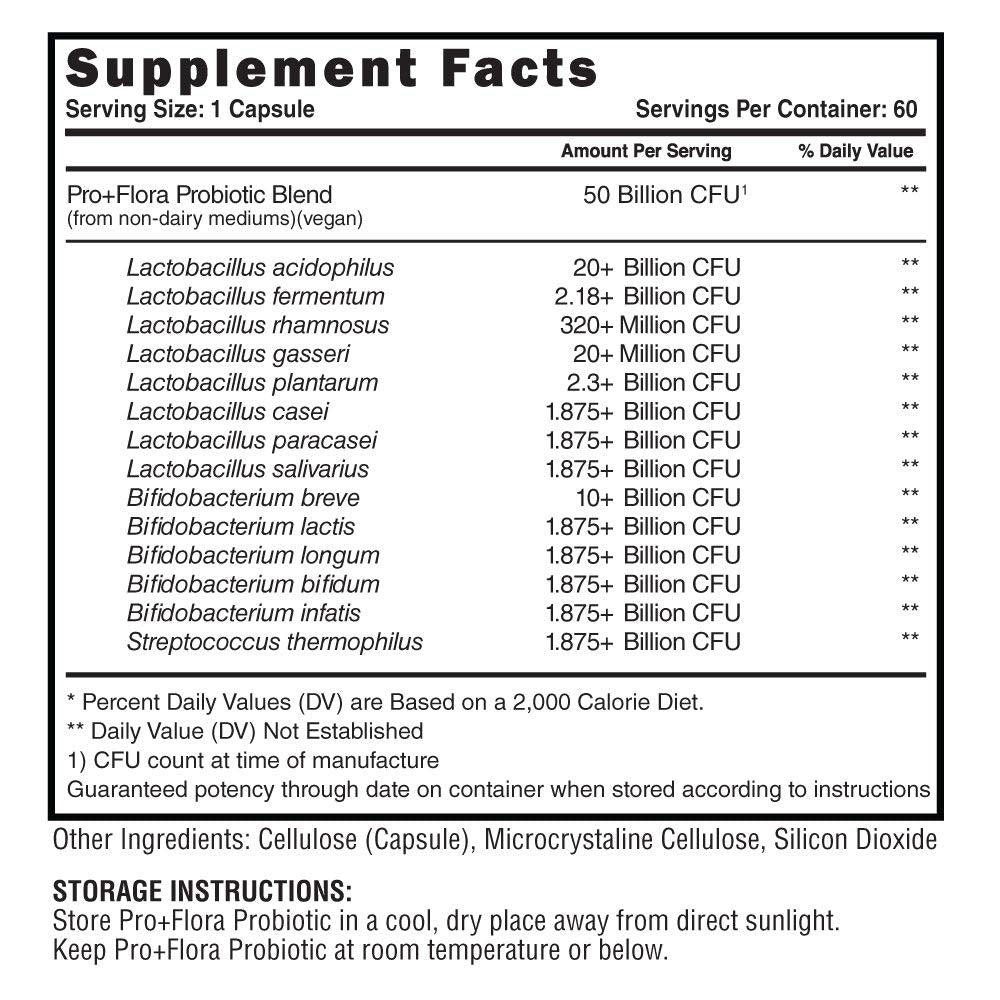 Steel Supplements Pro+Flora capsules close-up, convenient daily probiotic for microflora support.