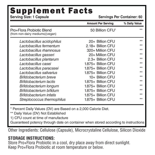 Steel Supplements Pro+Flora capsules close-up, convenient daily probiotic for microflora support.