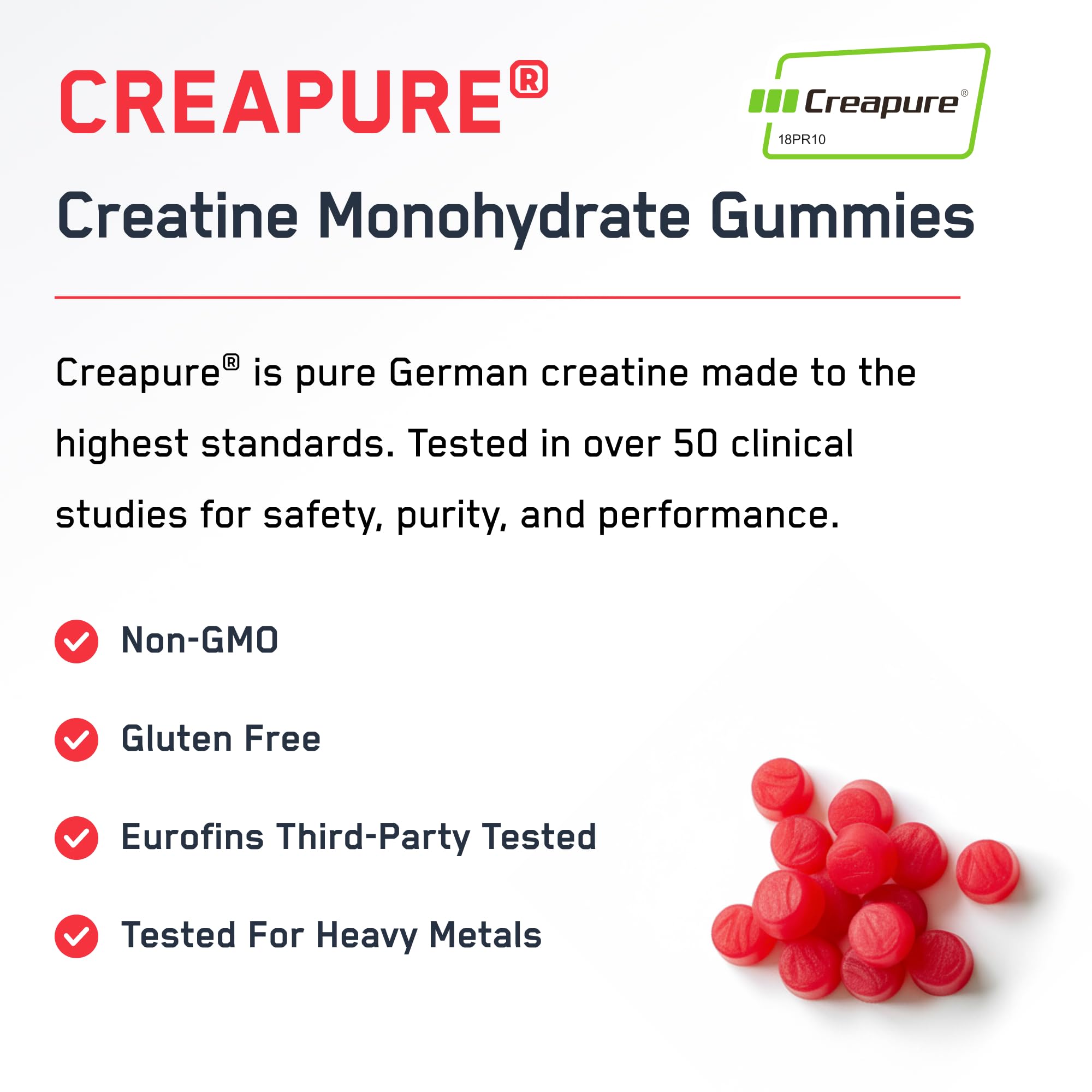 Close-up of SteelFit Creapure Gummies texture emphasizes chewy consistency for convenient fueling.