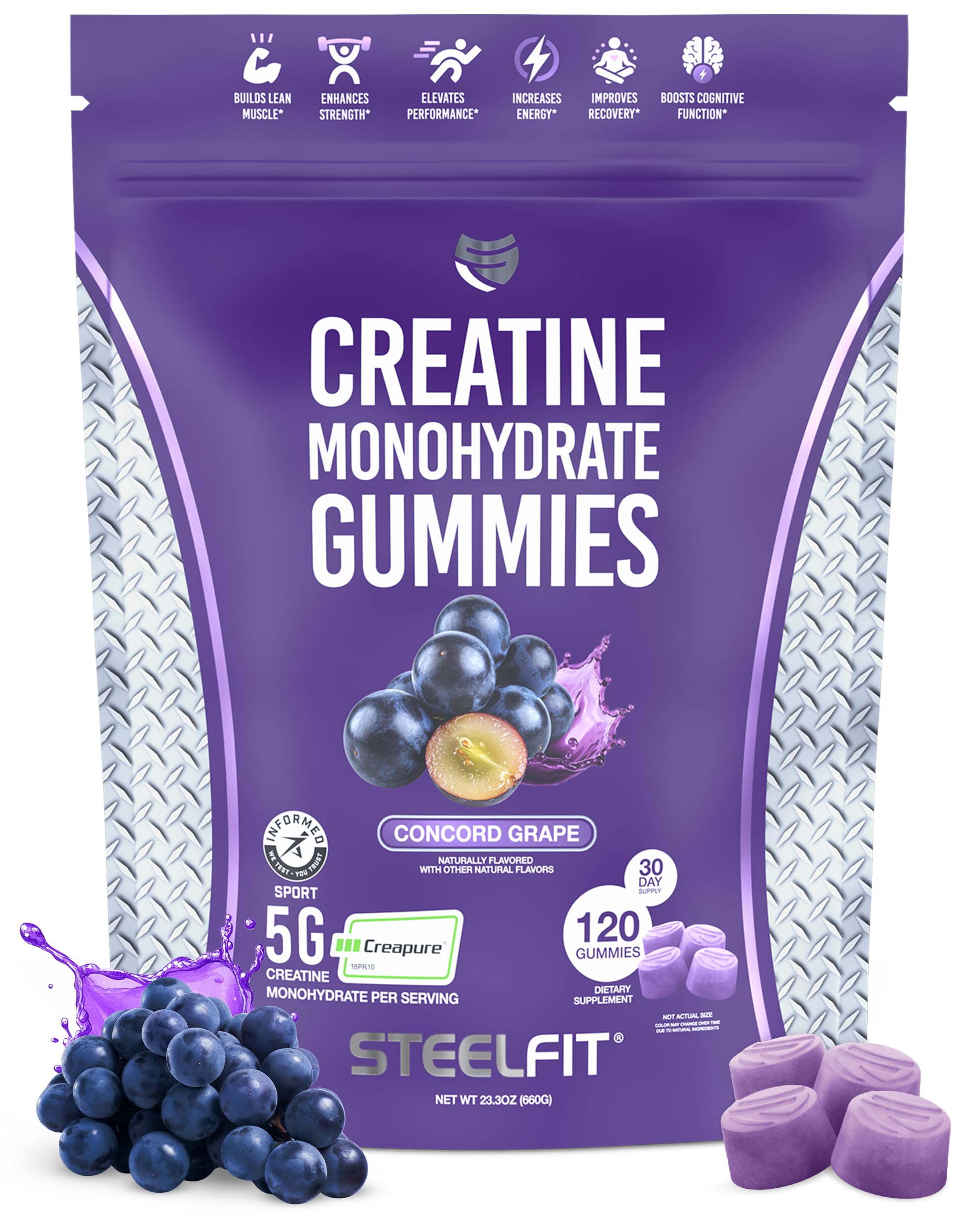 SteelFit Creapure Creatine Gummies bottle closeup illustrating convenient workout energy support.