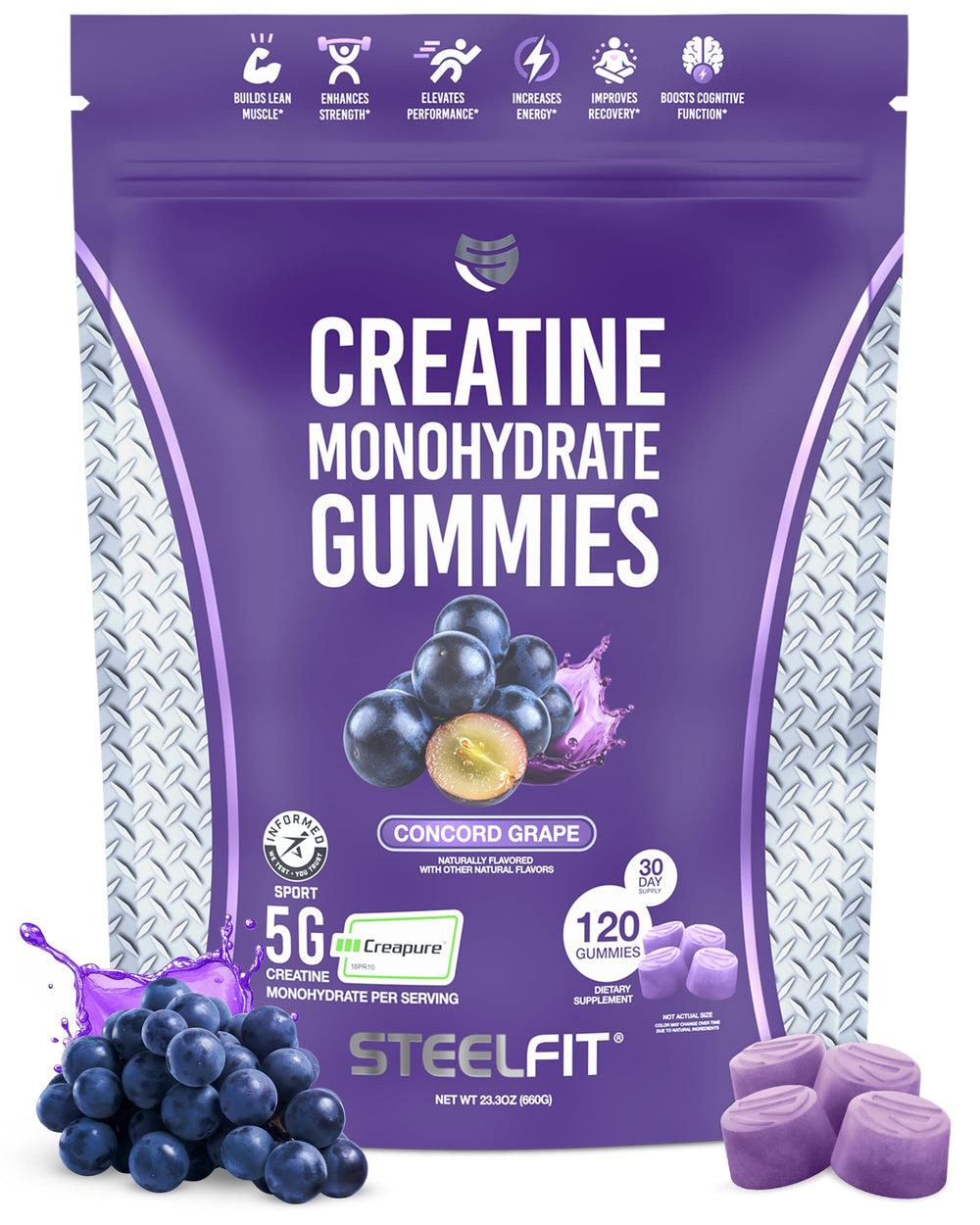 SteelFit Creapure Creatine Gummies bottle closeup illustrating convenient workout energy support.