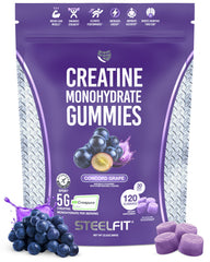 SteelFit Creapure Creatine Gummies bottle closeup illustrating convenient workout energy support.