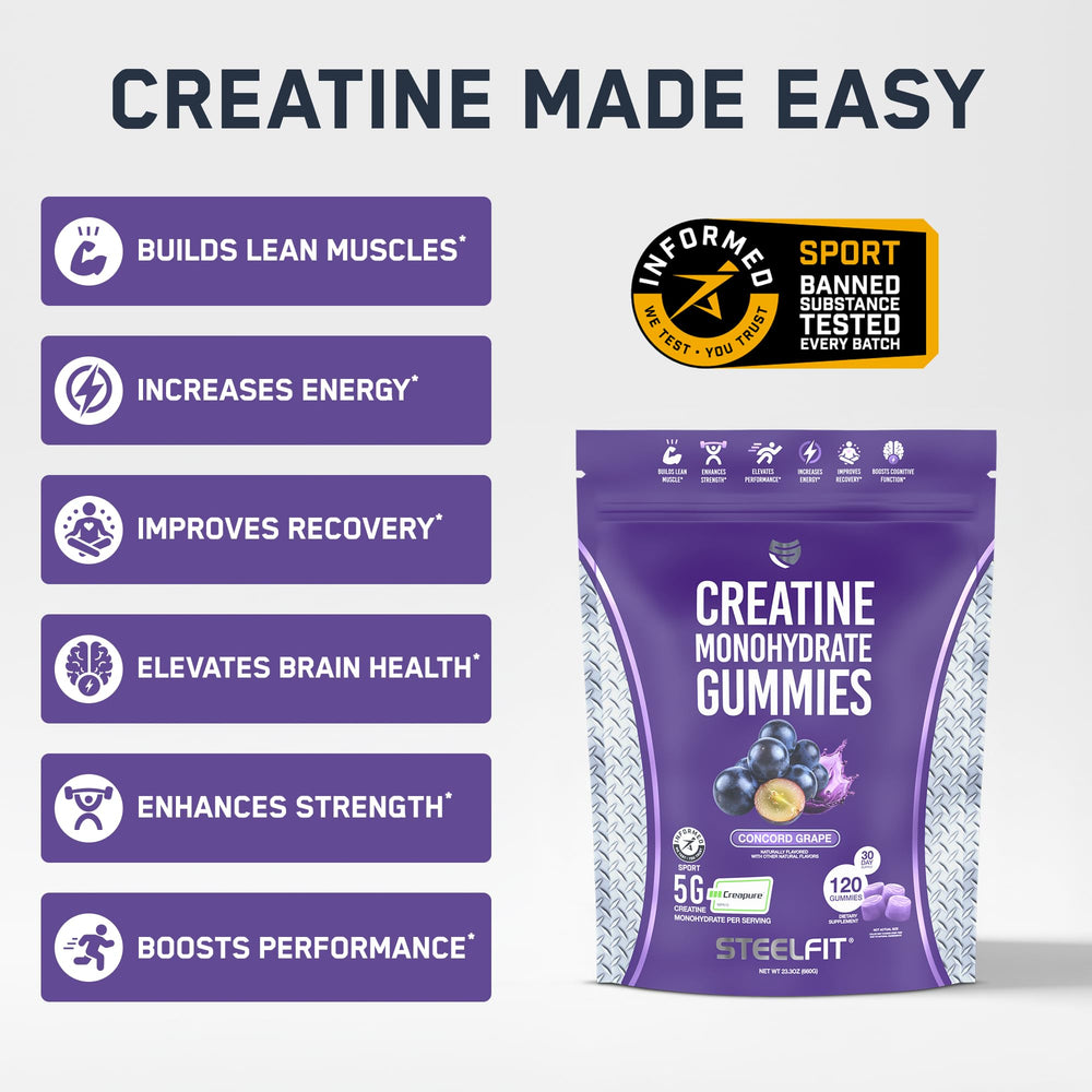 SteelFit Creapure Gummies held in hand showing portable pre or post workout fueling.