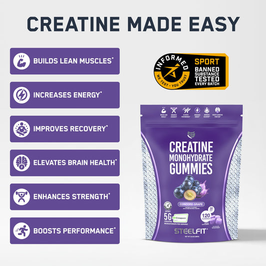 SteelFit Creapure Gummies held in hand showing portable pre or post workout fueling.