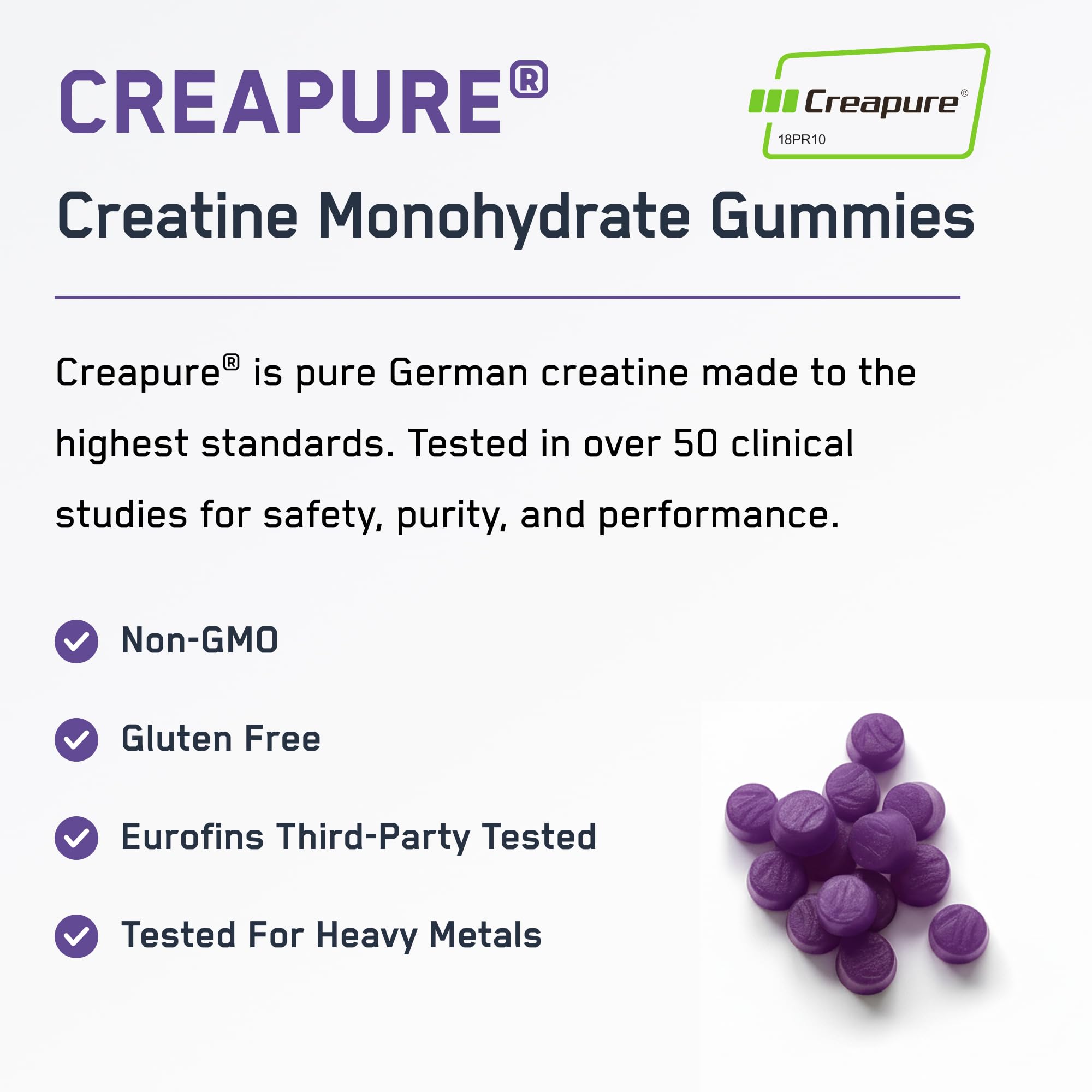 Gummies poured to showcase Concord grape flavor and easy fitness supplementation.