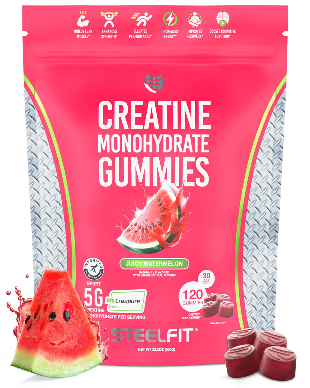 SteelFit Creapure Gummies in bottle highlight Juicy Watermelon flavor and simple daily dose.