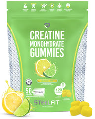 SteelFit Creapure gummies Lemon Lime bottle close-up for quick pre-workout energy.