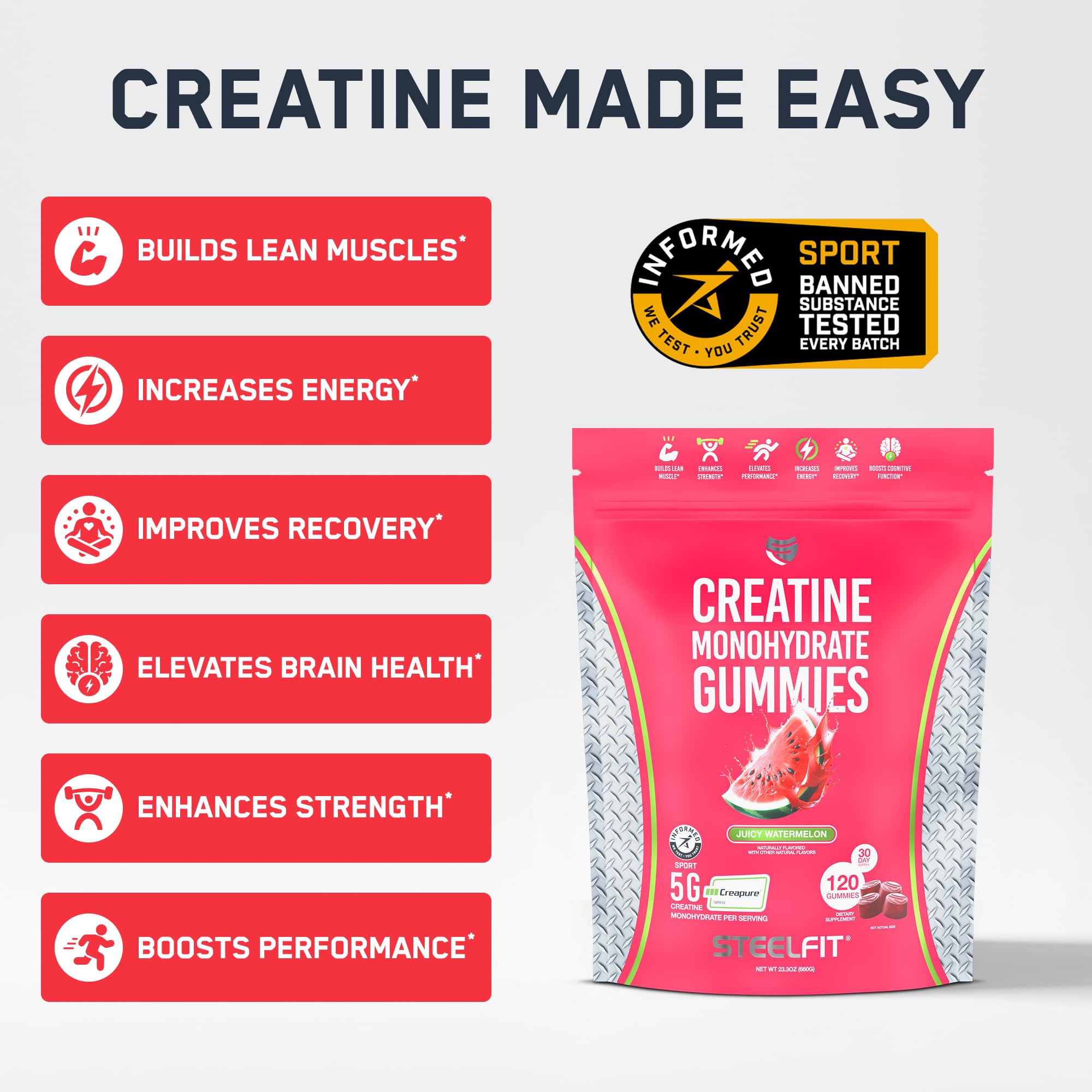 SteelFit Creapure Gummies serving scoop shows 5 g dose for workouts and daily use.