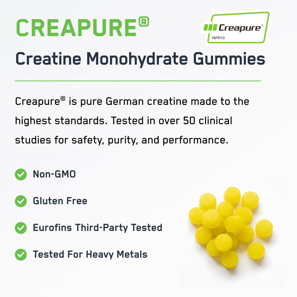 SteelFit Creapure gummies bottle with label displaying 5 g per serving.
