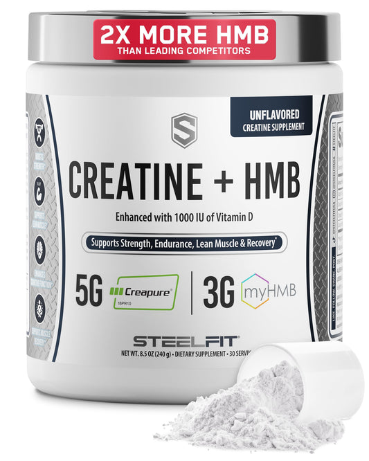 SteelFit Creatine HMB powder bottle on gym bench supports daily training energy
