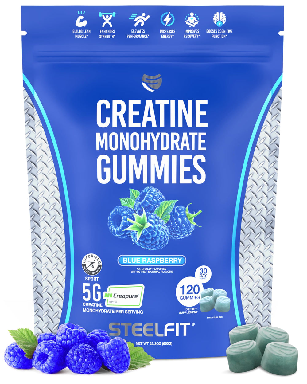 SteelFit Creapure gummies bottle with blue raspberry flavor for convenient workout fuel.