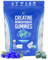 SteelFit Creapure gummies bottle with blue raspberry flavor for convenient workout fuel.