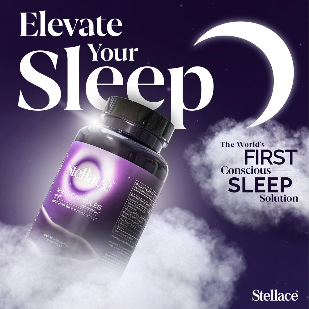 Stellace night capsules label close-up highlighting melatonin and valerian for restful nights.