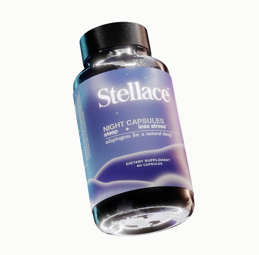 Stellace premium sleep capsules bottle on a nightstand, offering deeper rest possibilities.