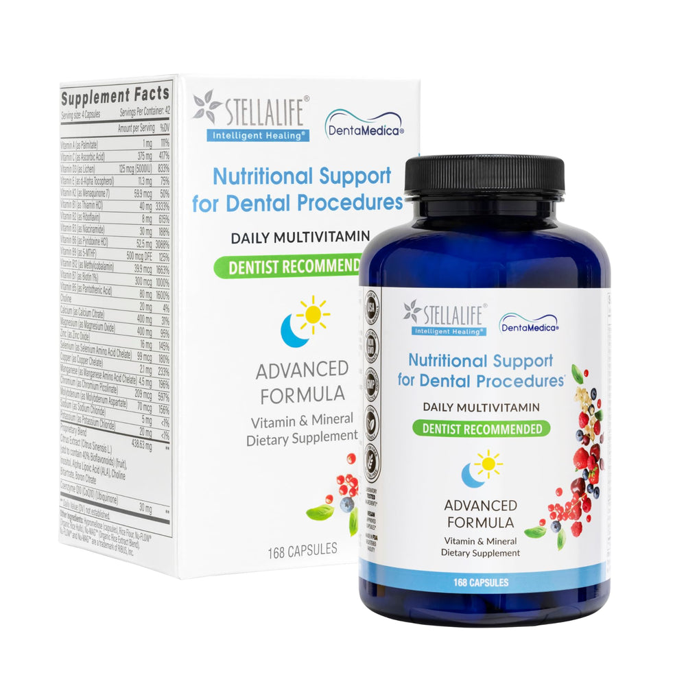 StellaLife DentaMedica bottle front displays vegan multivitamin for dental recovery.