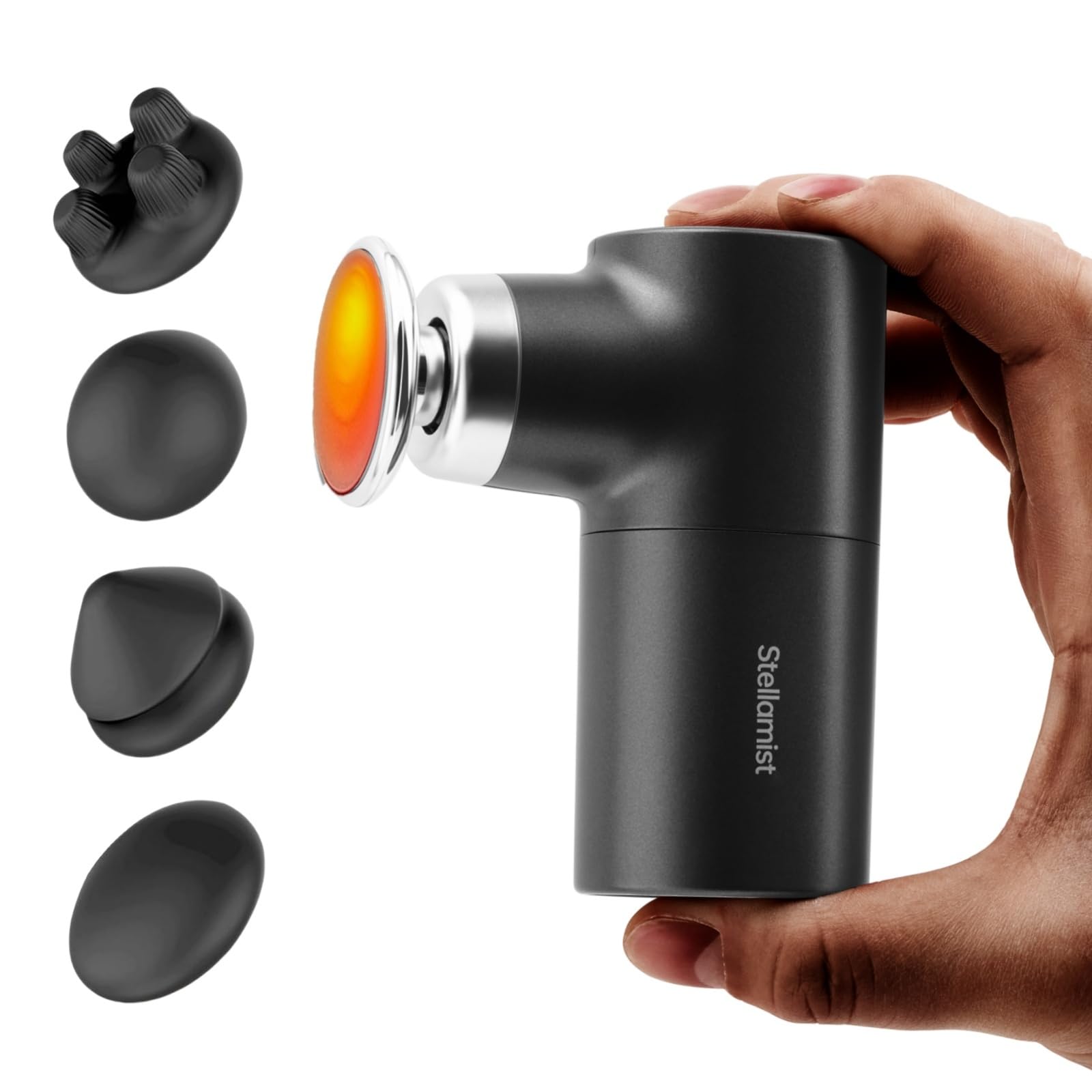 Stellamist Mini Massage Gun heat head closeup showing quick warming relief after workouts.