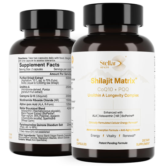 Stellar Health Clinical Mitochondrial Complex bottle on desk emphasizes energy support.