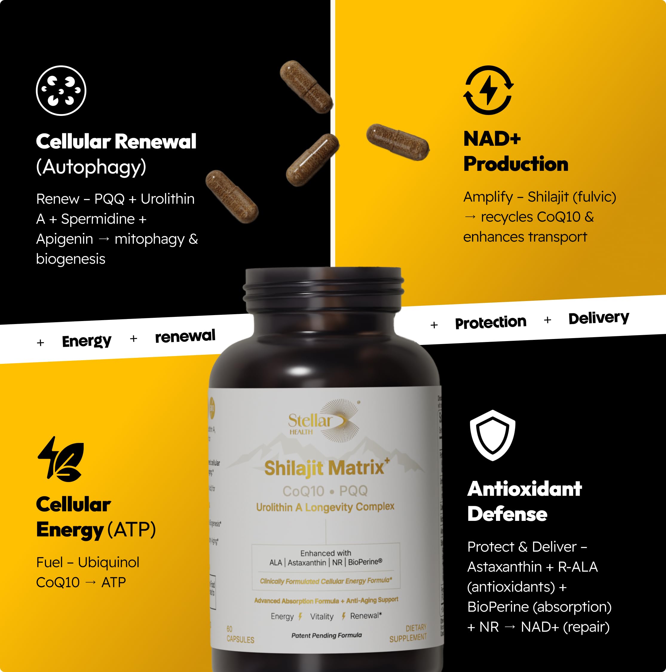 Stellar Health Clinical Mitochondrial Complex capsules close-up ready for daily use.
