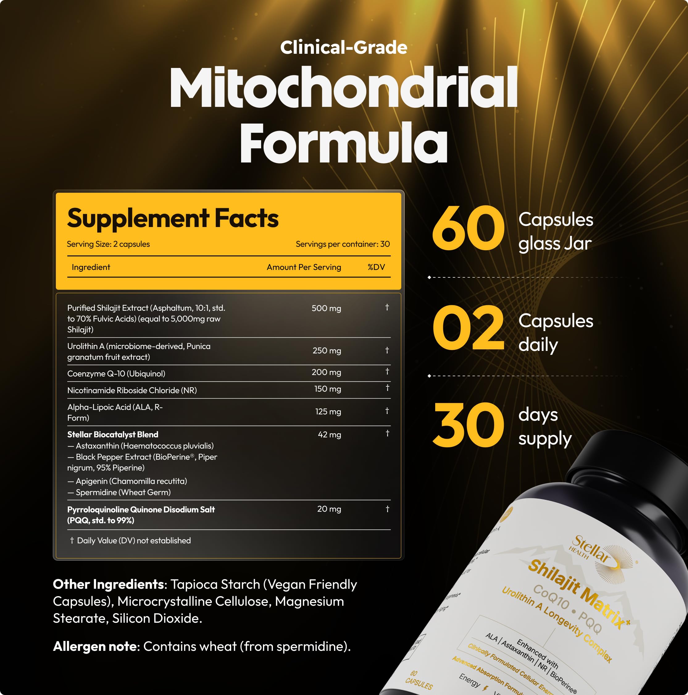 Stellar Health Clinical Mitochondrial Complex capsules held in hand for size reference.