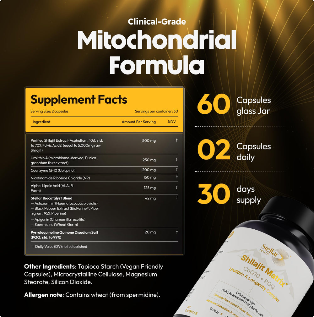 Stellar Health Clinical Mitochondrial Complex capsules held in hand for size reference.