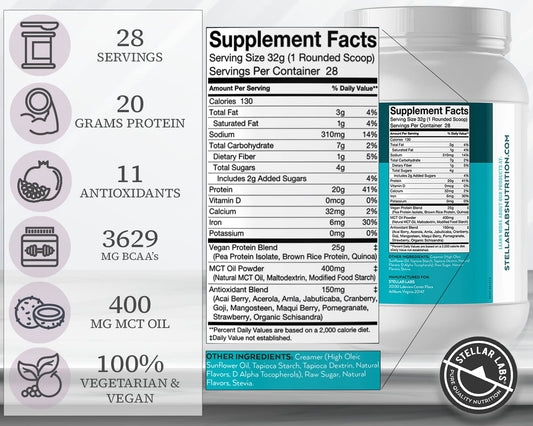 Stellar Labs vegan protein powder shake in a glass showing smooth texture.