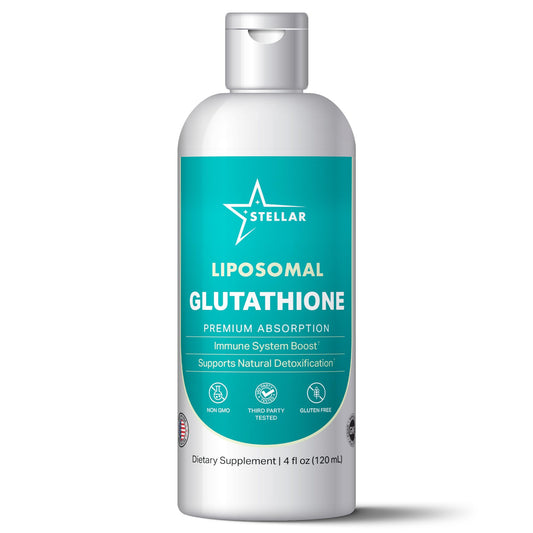 STELLAR Liposomal Glutathione bottle pour demonstrates enhanced absorption potential.