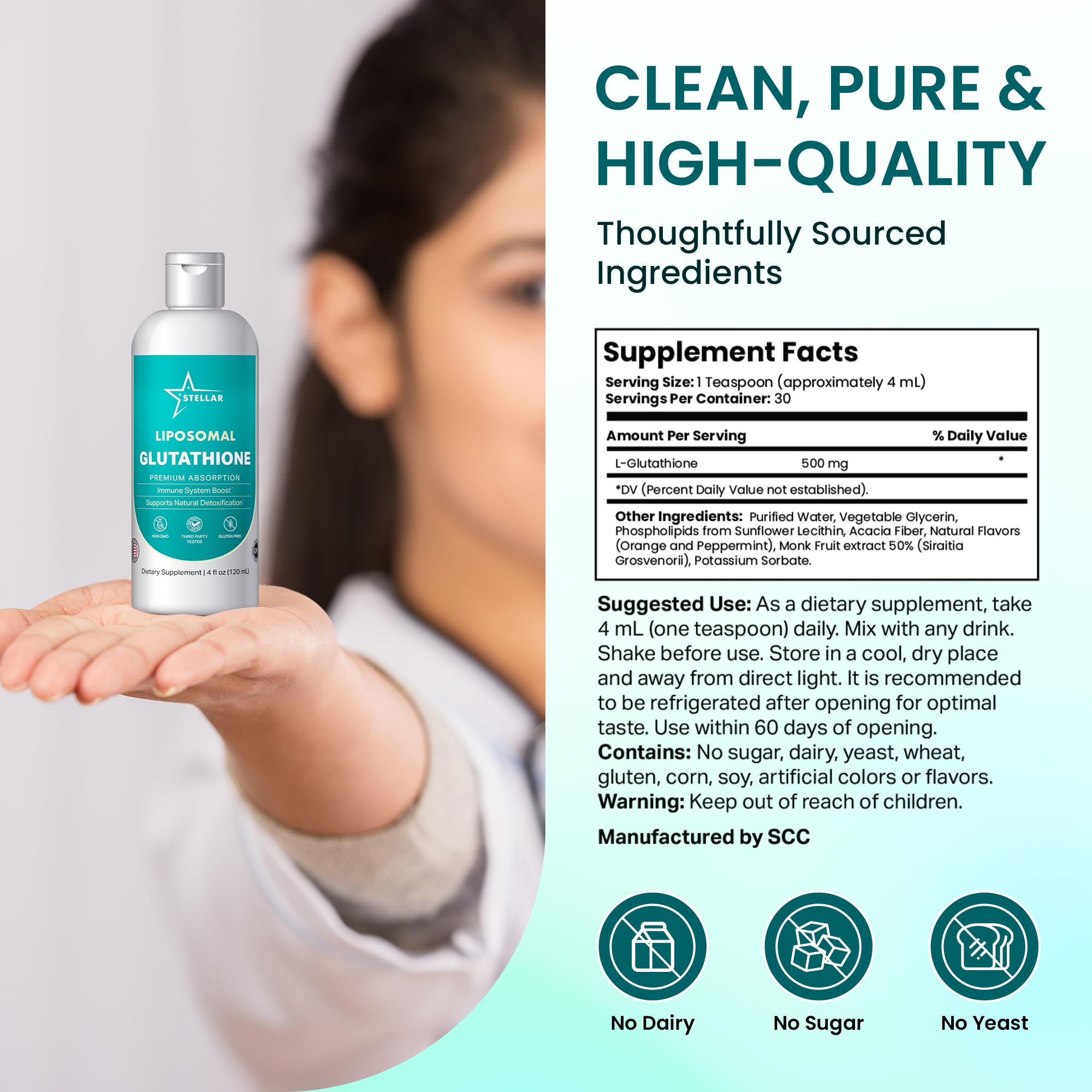 STELLAR Liposomal Glutathione label close-up highlights purity and third-party testing.