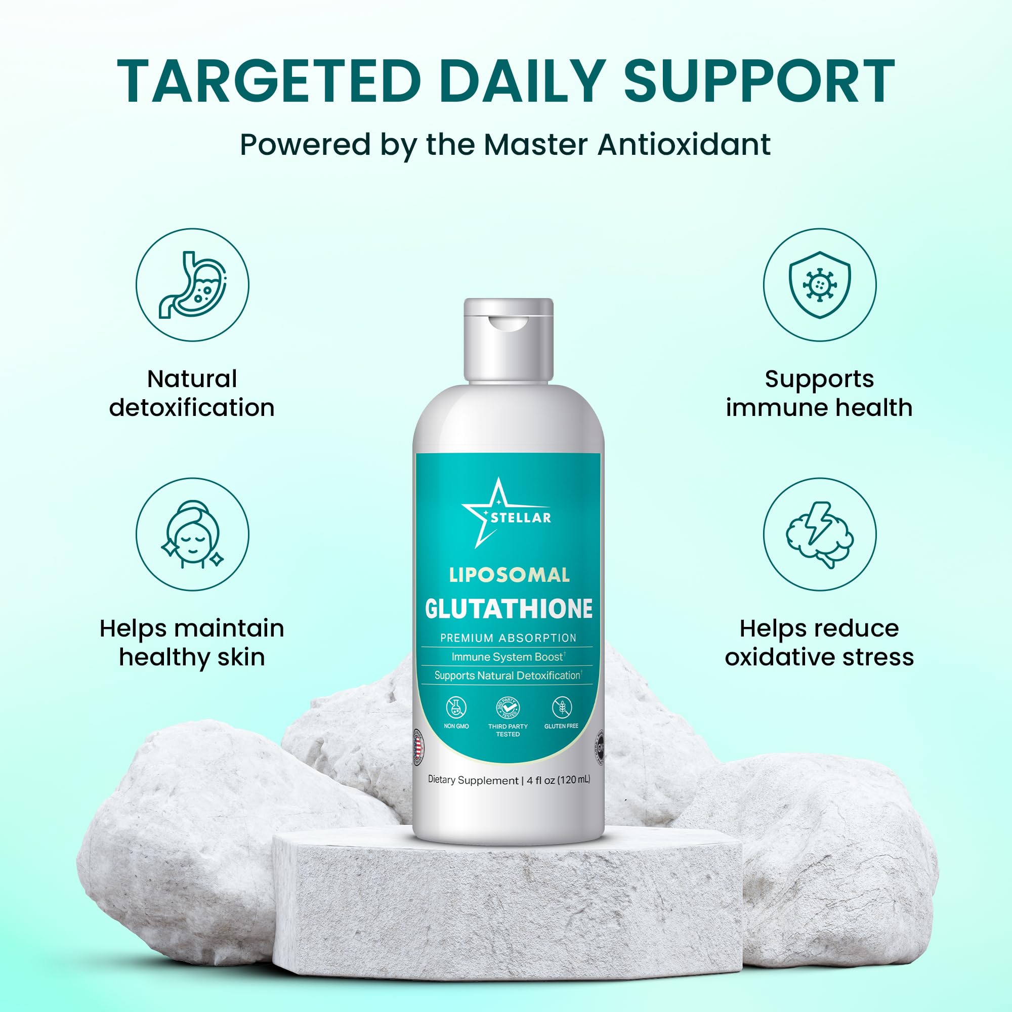 STELLAR Liposomal Glutathione premium packaging with glass bottle and cap.