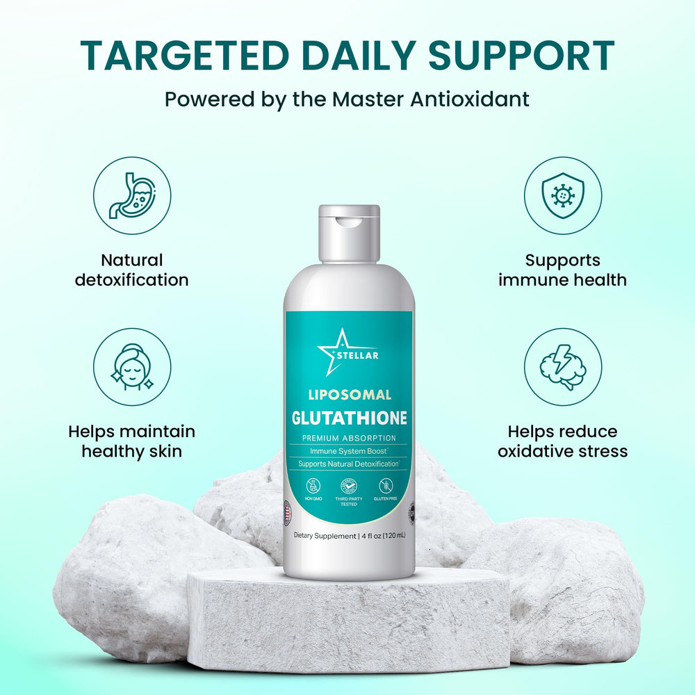 STELLAR Liposomal Glutathione premium packaging with glass bottle and cap.