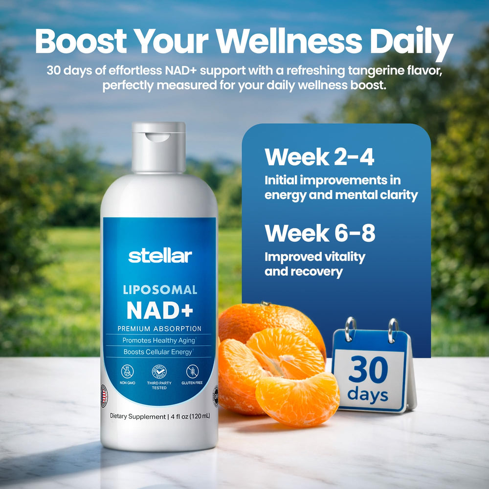 STELLAR Liposomal NAD+ label close-up highlights clean, pure formula.