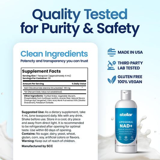 STELLAR Liposomal NAD+ liquid pour showing fast absorption potential.