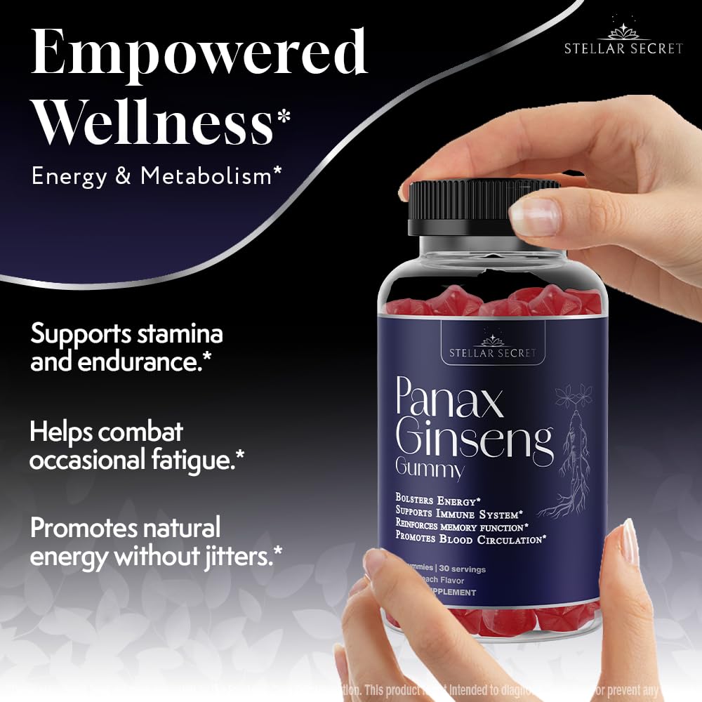 Stellar Secret gummy bottle image with blood circulation concept and ginseng benefits