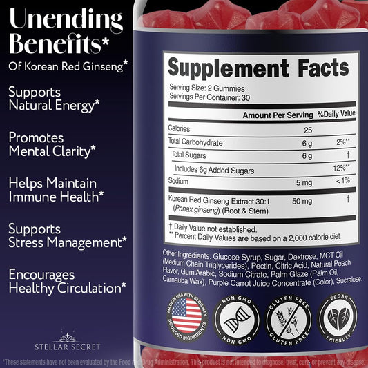 Stellar Secret gummies energy close-up emphasizes quick energy support and peach flavor