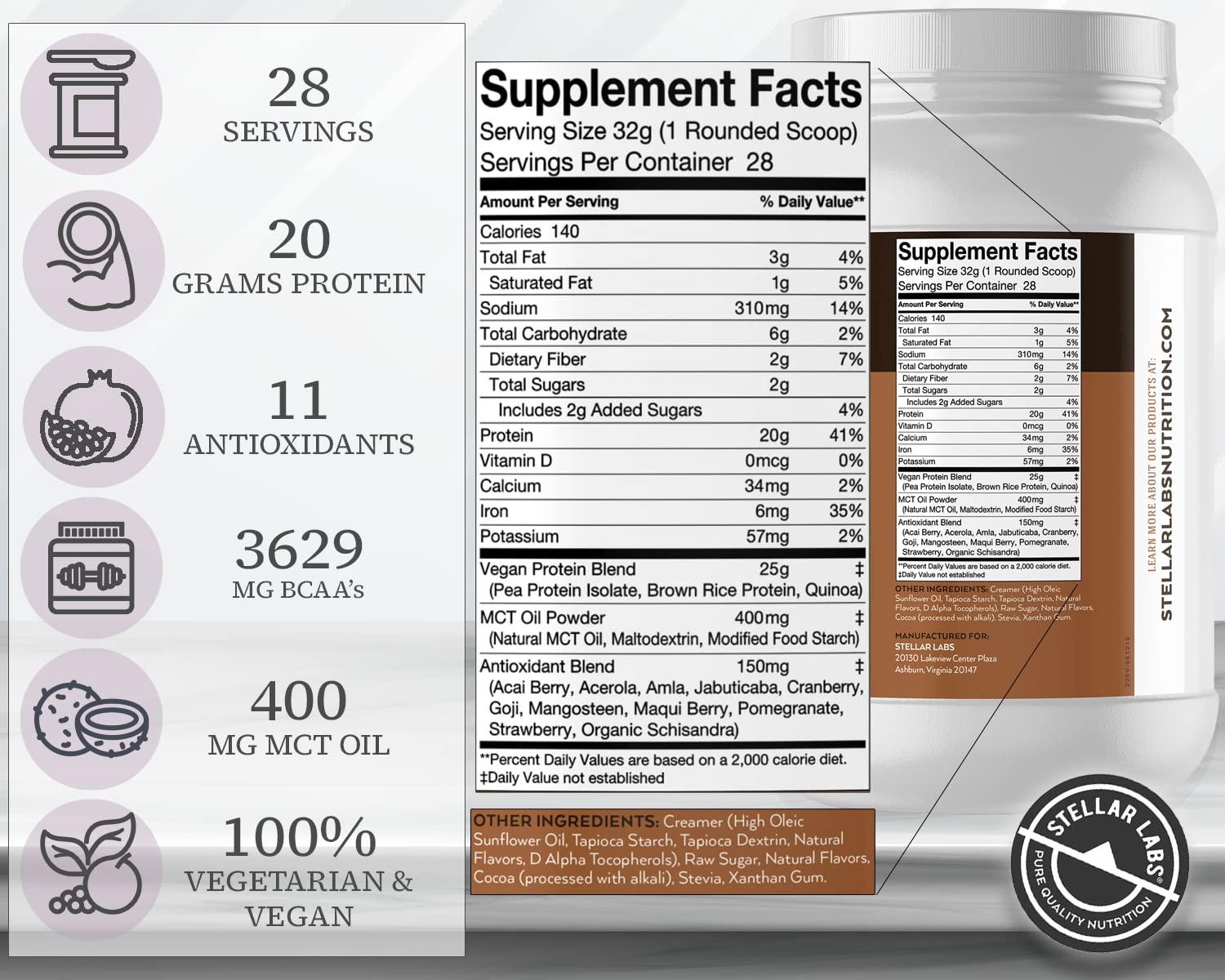 Stellar Labs vegan protein with BCAA blend may support daily recovery and energy.
