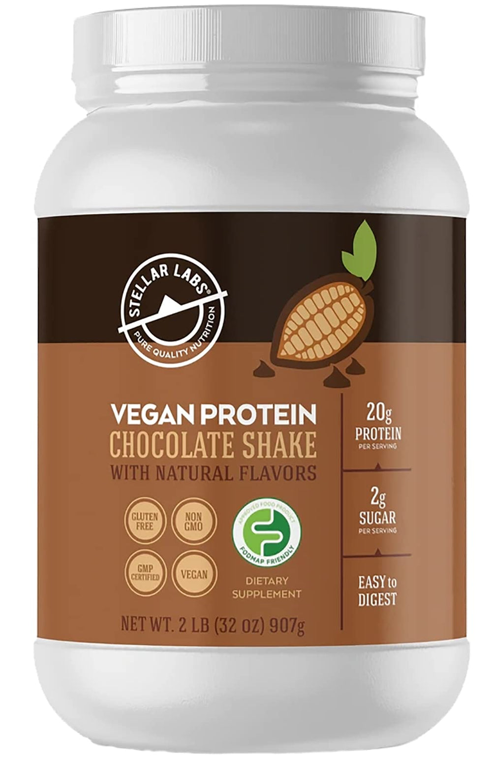 Stellar Labs Vegan Protein Chocolate canister highlights plant-based protein for everyday shakes.